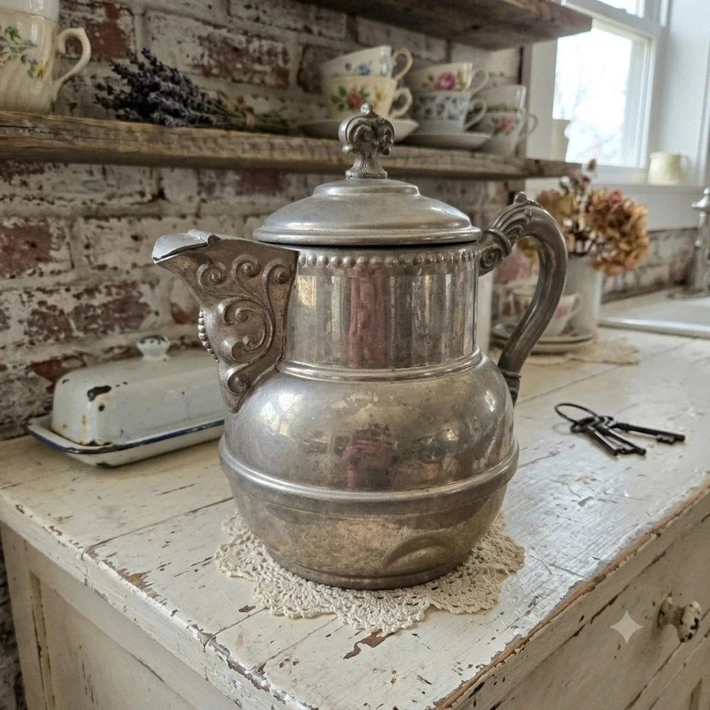 Vintage Victorian Style Silver Metal Teapot Ornate Scrollwork Hinged Lid 8.5in